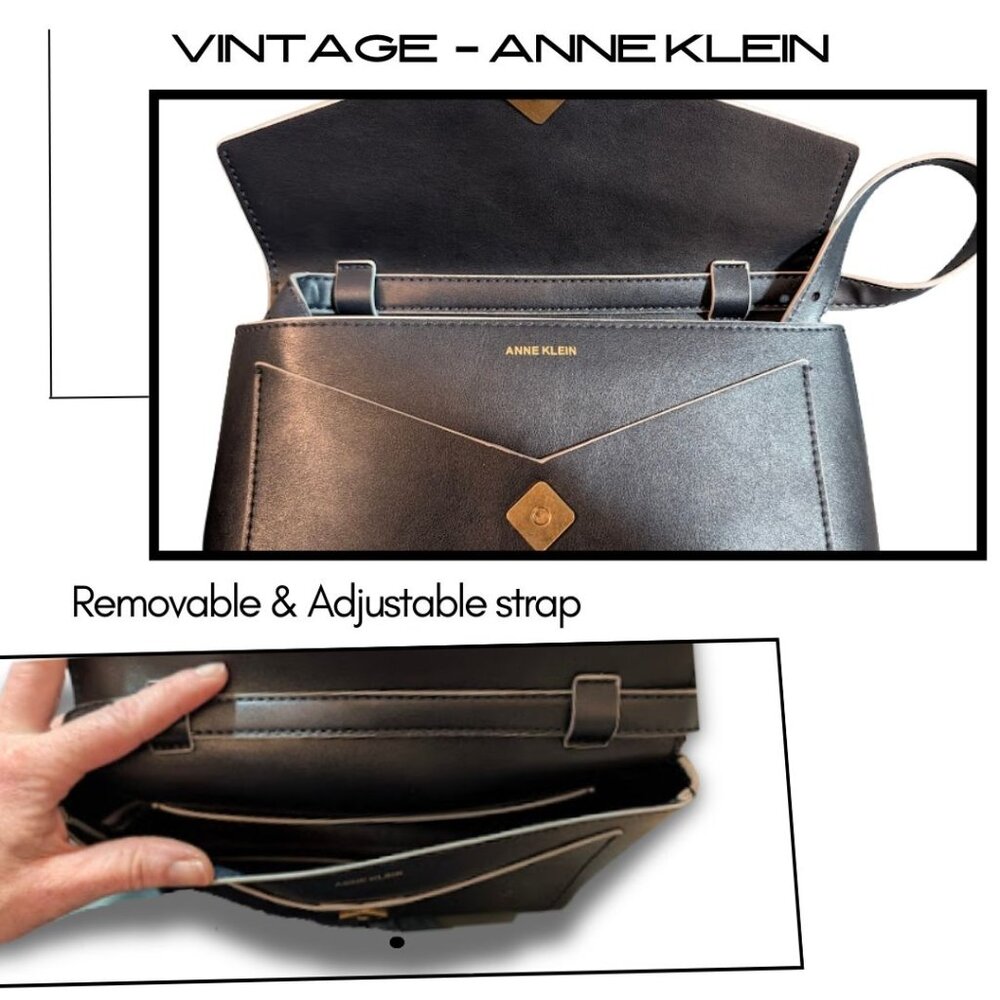 Vintage Anne Klein Navy Envelope Crossbody Bag Removable Strap Gold Hardware